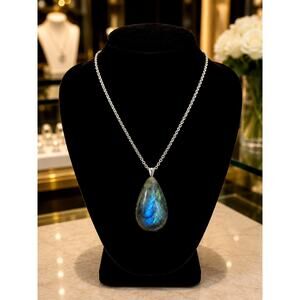 Blue Flash Labradorite Teardrop Pendant Necklace 18K Gold Plated Chain Natural
